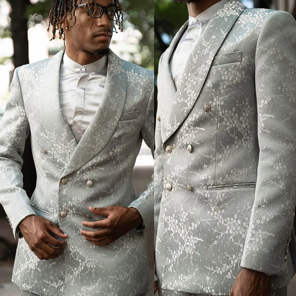 Silver Pattern Mens Wedding Tuxedos Groom Custom Made 2 Pieces Prom Male Birthday Party Shawl Lapel Jacket Pants Suits