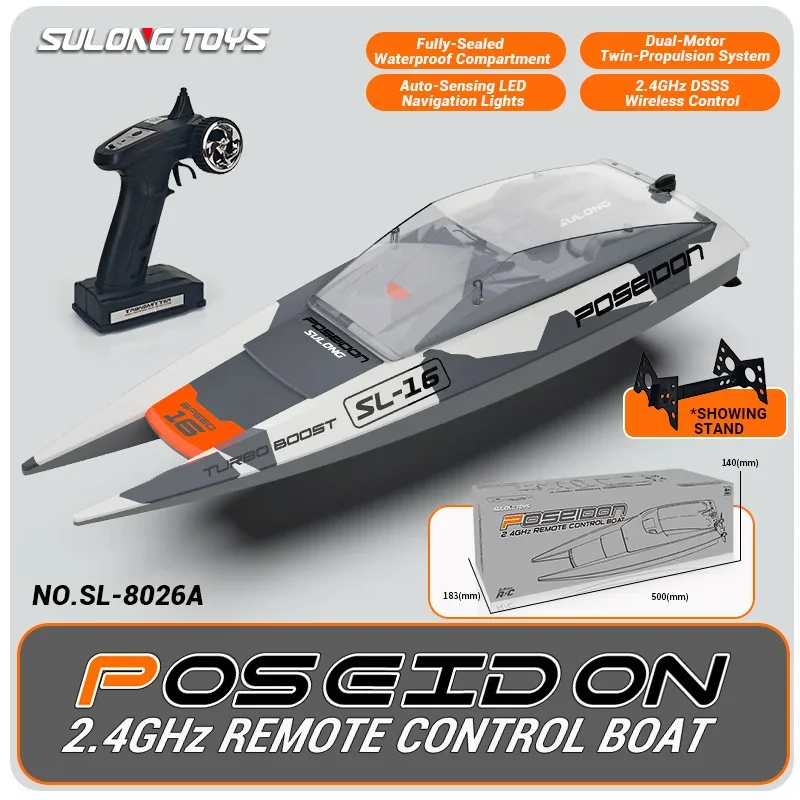 Poseidon SL-8026A Barco RC de alta velocidad de 2,4 GHz, lancha rápida eléctrica con control remoto para piscinas, lagos, juguete acuático con luces LED