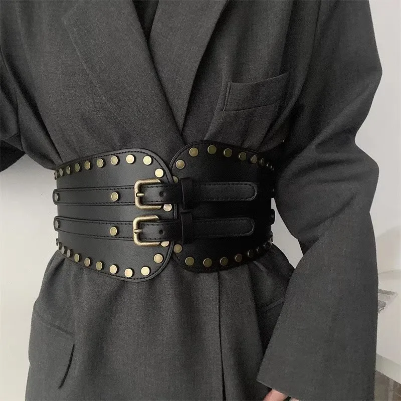 女性のファッション Pu レザーリベット弾性コルセット女性カマーバンドコートウエストバンドドレス Decration ワイドベルト J318