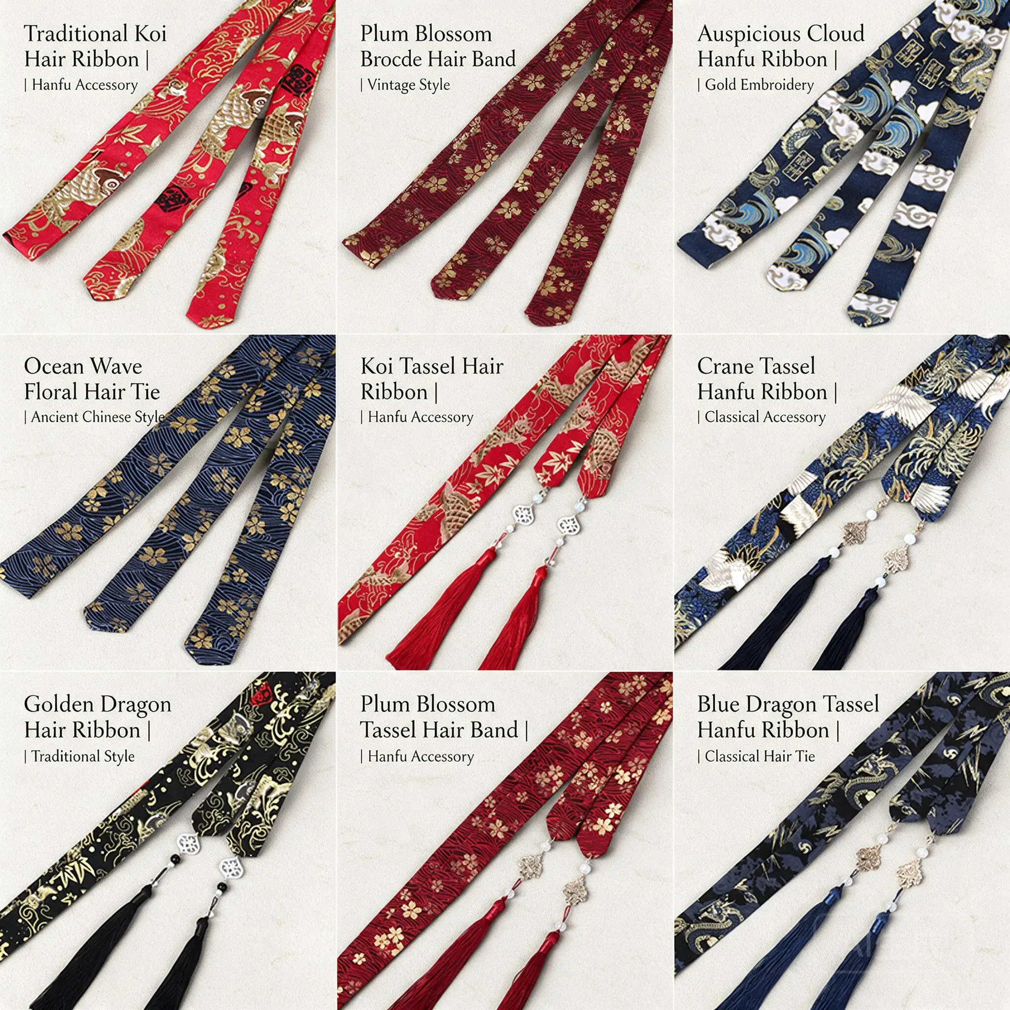 Chinese Traditional Hanfu Hair Ribbons Gold Stamped Koi Crane Sakura Dragon Pattern Hair Ties With Tassel Pendants For Cosplay