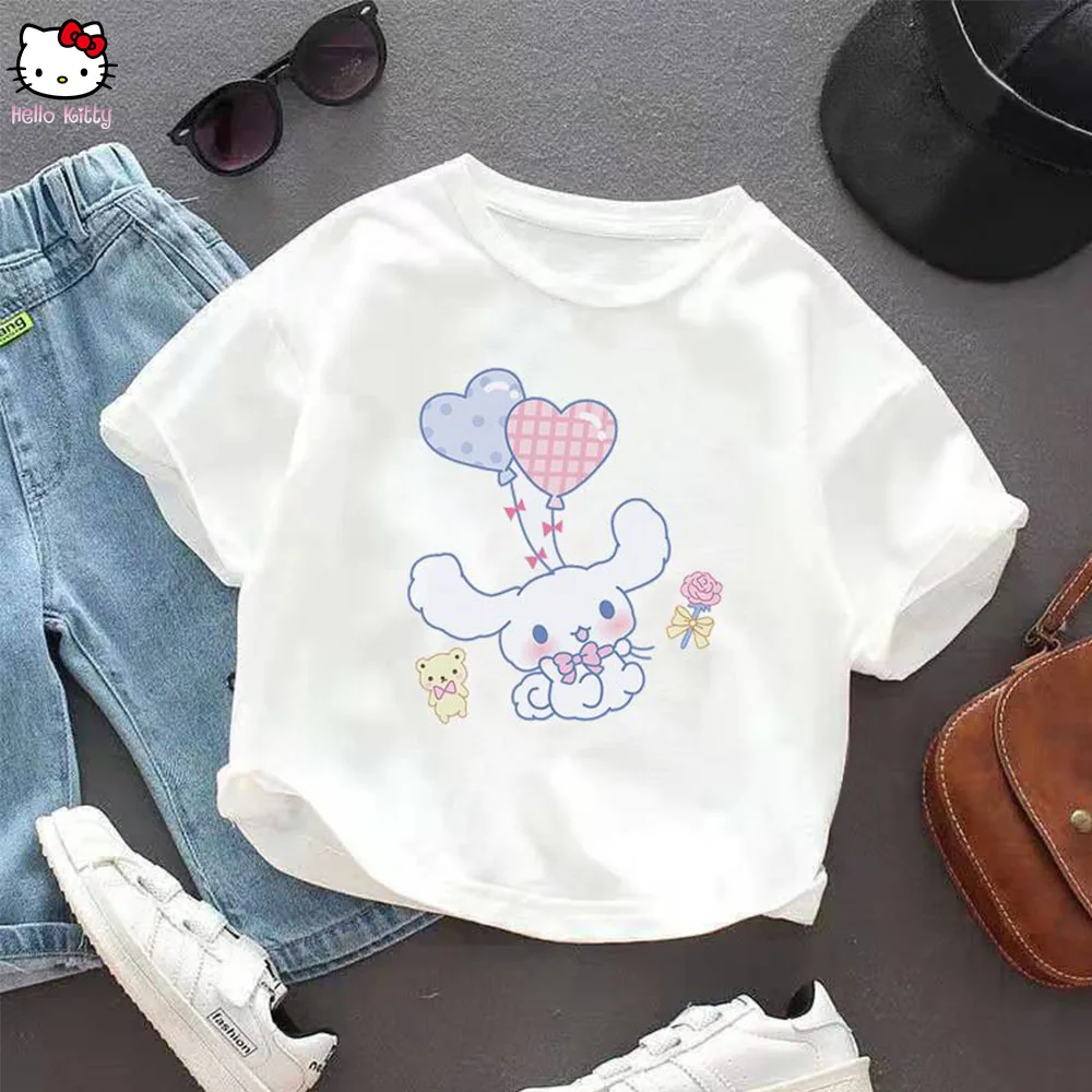

Cinnamoroll Children's Short Sleeve Anime Sanrios Kawaii Girl Boys White Versatile Korean Style Kawaii Thin Style Cotton Tops