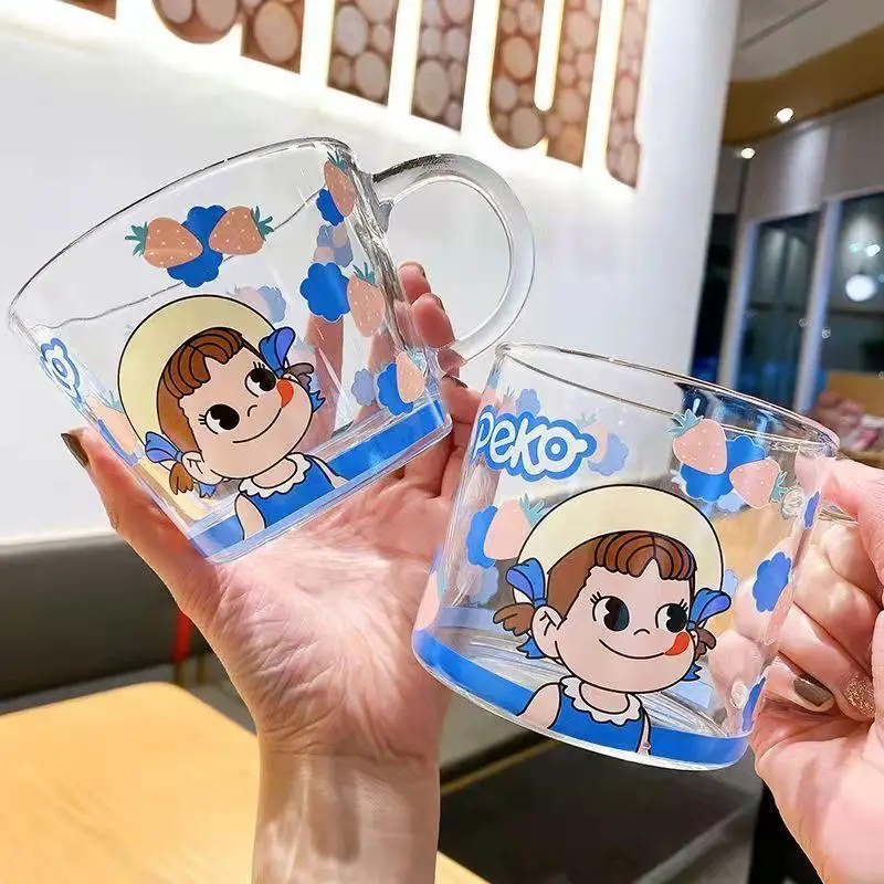 Kawaii Chibi Maruko-Chan Glass Cup with Handle Cartoon Transparent Water Cup Juice Tea Coffee Milk Cup Glass Mugs Drinkware Gift