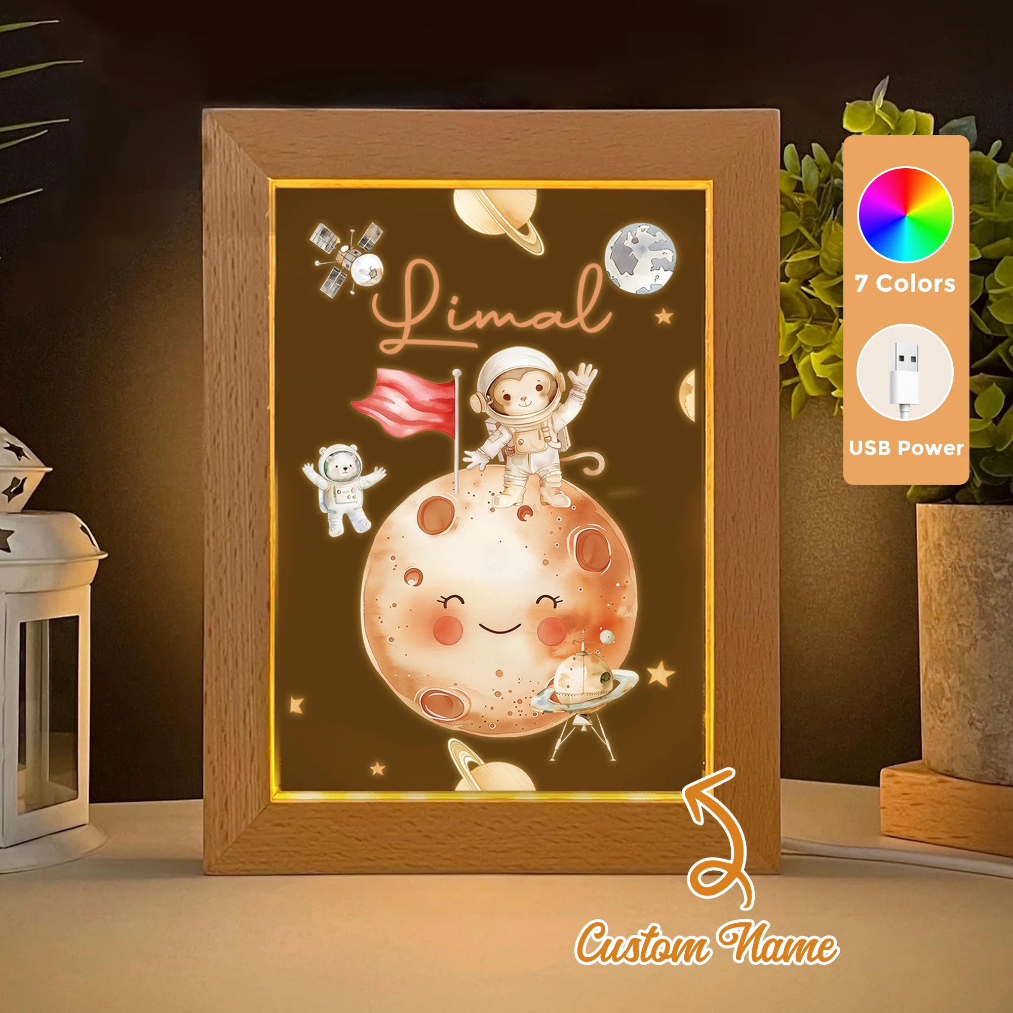 

2D Flat Custom Name Monkey Astronaut LED Acrylic Night Light Wood Photo Frame 21x17cm Cartoon Children Bedroom Gifts Home Decor