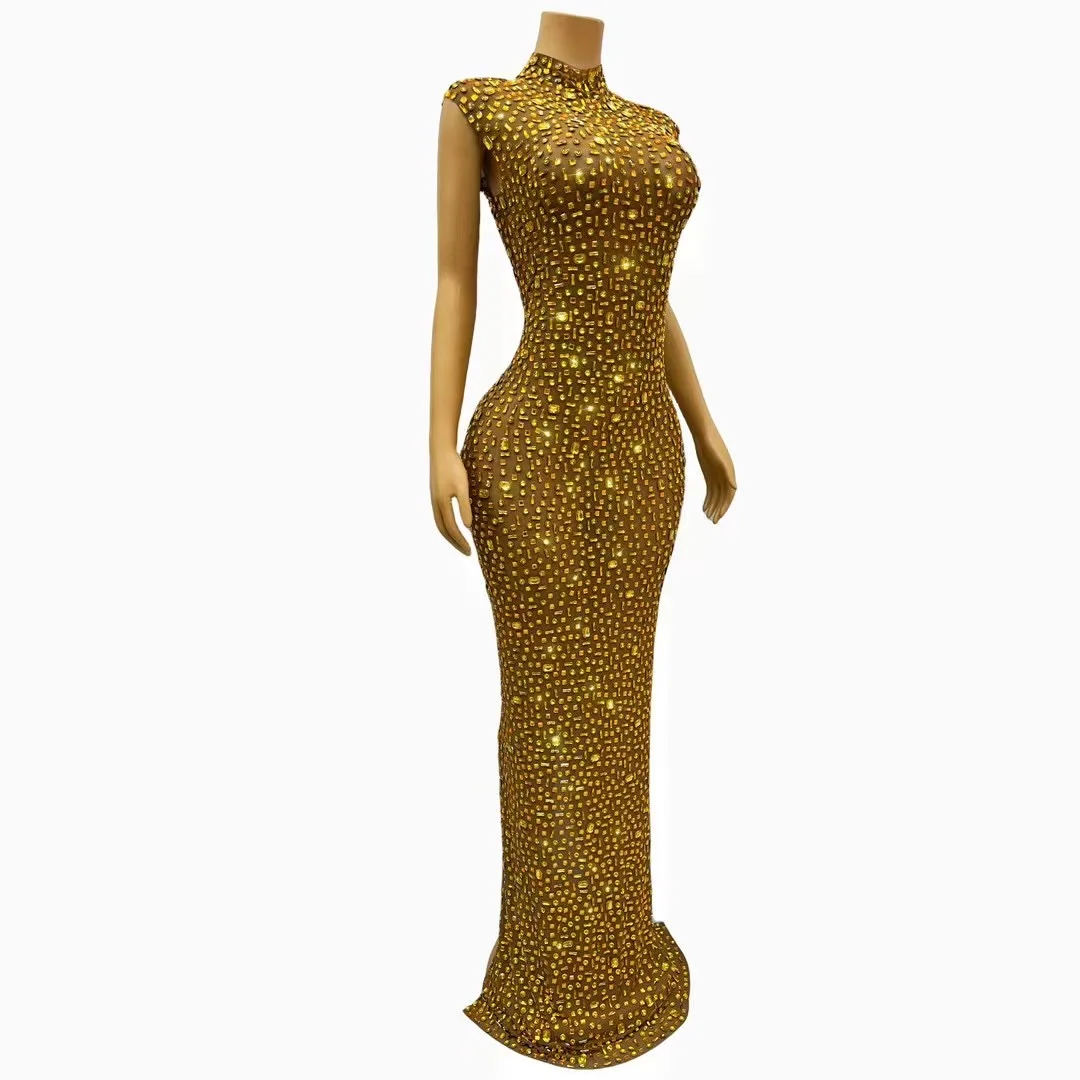 Women Luxury Gold Rhinestone Sexy Mesh Sleeveless Long Dress Sparkling Stage Performance Costume Club Evening Party Dresses