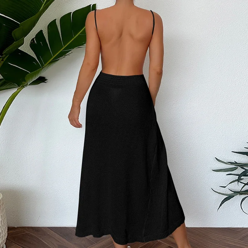 BluWin Women's Knitting Sexy High Slit Backless Long Dress Summer Beachwear Cover Up Women See-Through Elegant Halter Dress