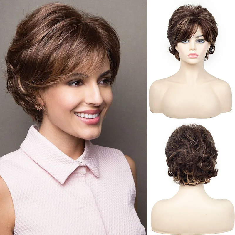 

white female hort curly hair mixed with brown diagonal bangs chemical fiber headgear short wigs