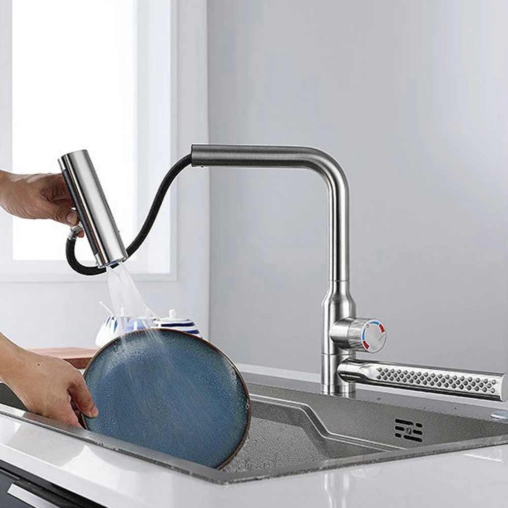 Waterfall 304 Stainless Steel Kitchen Sink Faucet ,Brushed Grey Color,Three Model Water Out, Hose Pull Down , Ceramic Valve Core