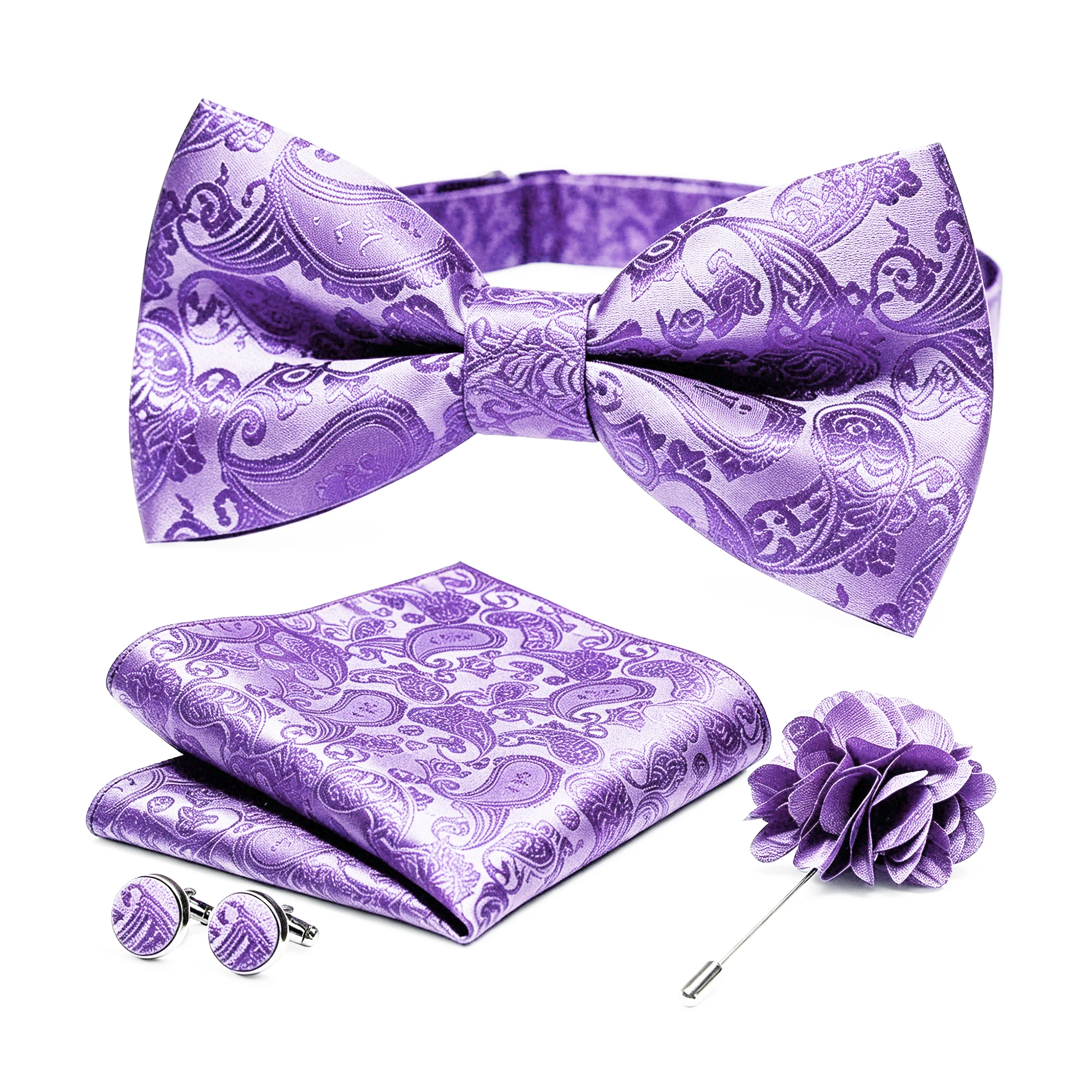 36-teiliges Set: Schwarze Seiden-Jacquard-Paisley Herrenfliege, Brosche, Einstecktuch und Manschettenknöpfe – Vorgebundene Schmetterlingsfliege für Herren, Hochzeit und Business – Detail 9