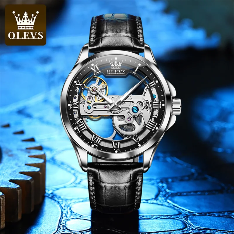 OLEVS Brand Hot Sale Skeleton Hollow Leather Men\'s Wrist Watches Luxury Automatic Mechanical Male Clock New Relogio Masculino