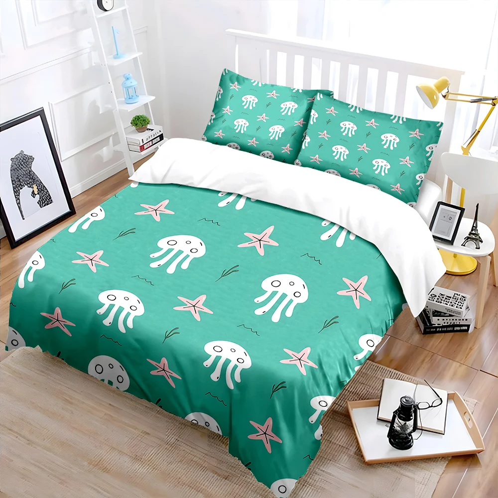 Ocean Theme jellyfish and starfish Print Bedding Set 1 Duvet Cover 2 Pillowcases for Adult and Children Luxury Gift Full Size
