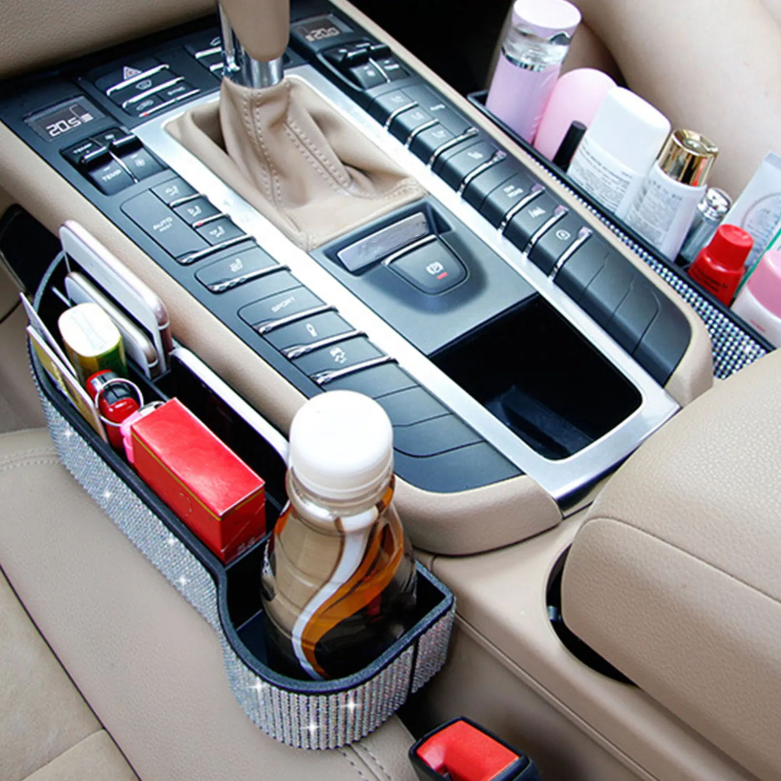 

Universal Car Seat Gap Storage Box Rhinestone Studded Organizer Microfiber ABS Material Driver Side Car Seat Gap Filler