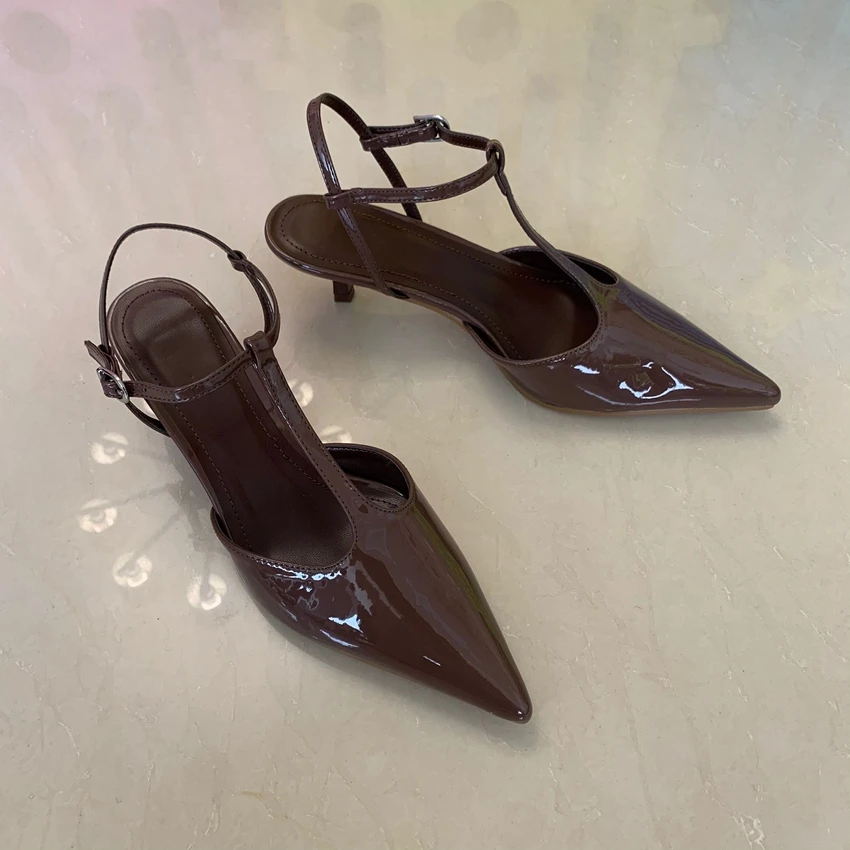 Summer Modern Office Shoes for Women Patent Leather Wedding Ankle Strap Pointed Brand Designer Female High Heeled Sandals