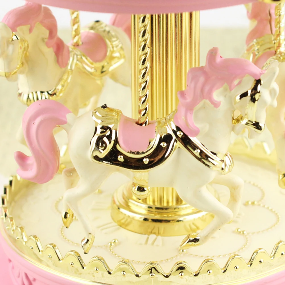 

Glittering Pink Carousel Music Box Rotating Wooden Horse Decoration Creative Romantic Desktop Adornment Flashing Exquisite Gift
