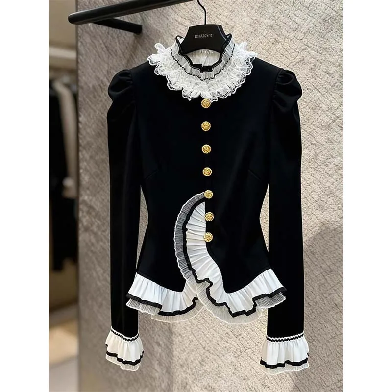 

Contrast Ruffled Long-sleeved Shirts Women's Autumn New Products High-end And Light-cooked Temperament All-match Blouse Ladies