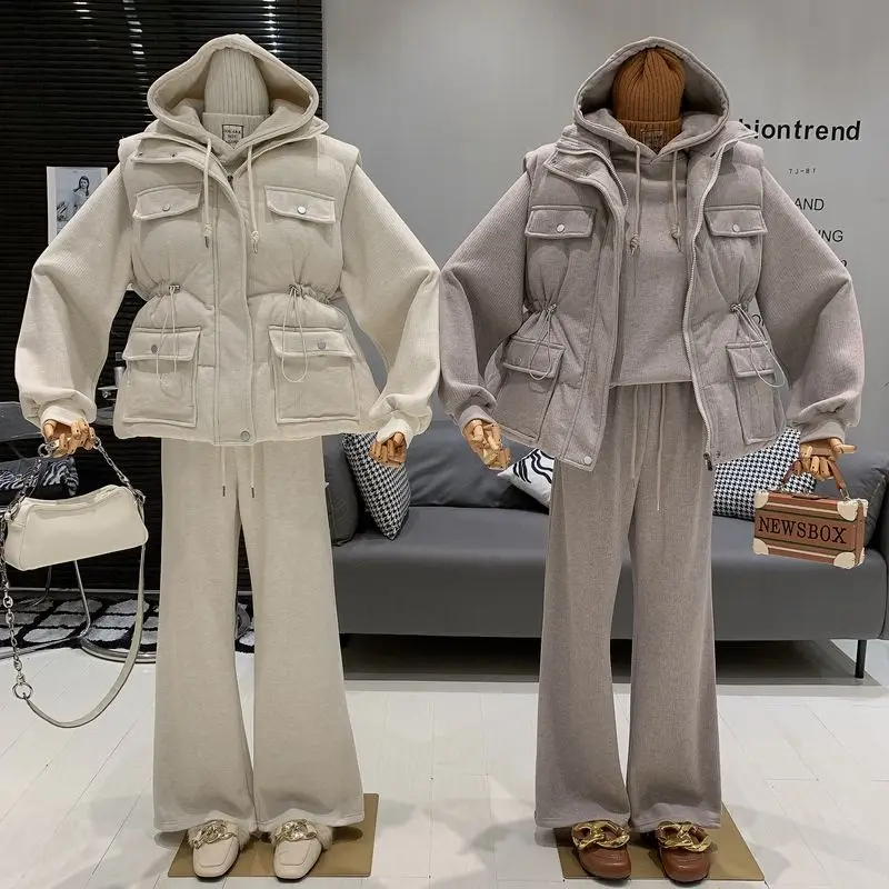 

Korean Style Casual Fleece Lined Hooded Three Piece Set Versatile Trendy Vest High Waist Fashionable Sweatpants Women's Ensemble