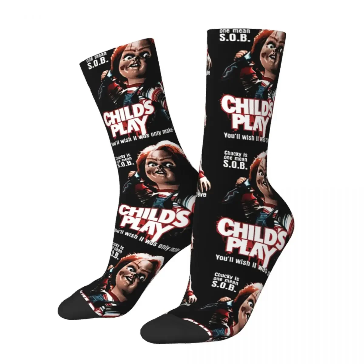 

Funny Crazy Sock for Men Child's Play Hip Hop Vintage Horror Movies Seamless Pattern Printed Boys Crew Sock Novelty Gift