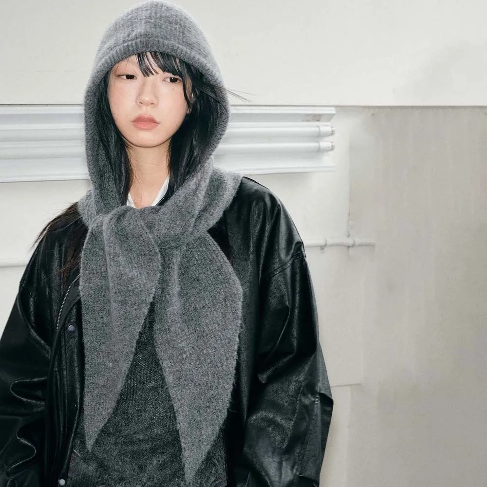 

Acrylic Fibers Knitted Hooded Cap Triangular Ear Protection Neck Collar Beanies Cap Korean Style Solid Color