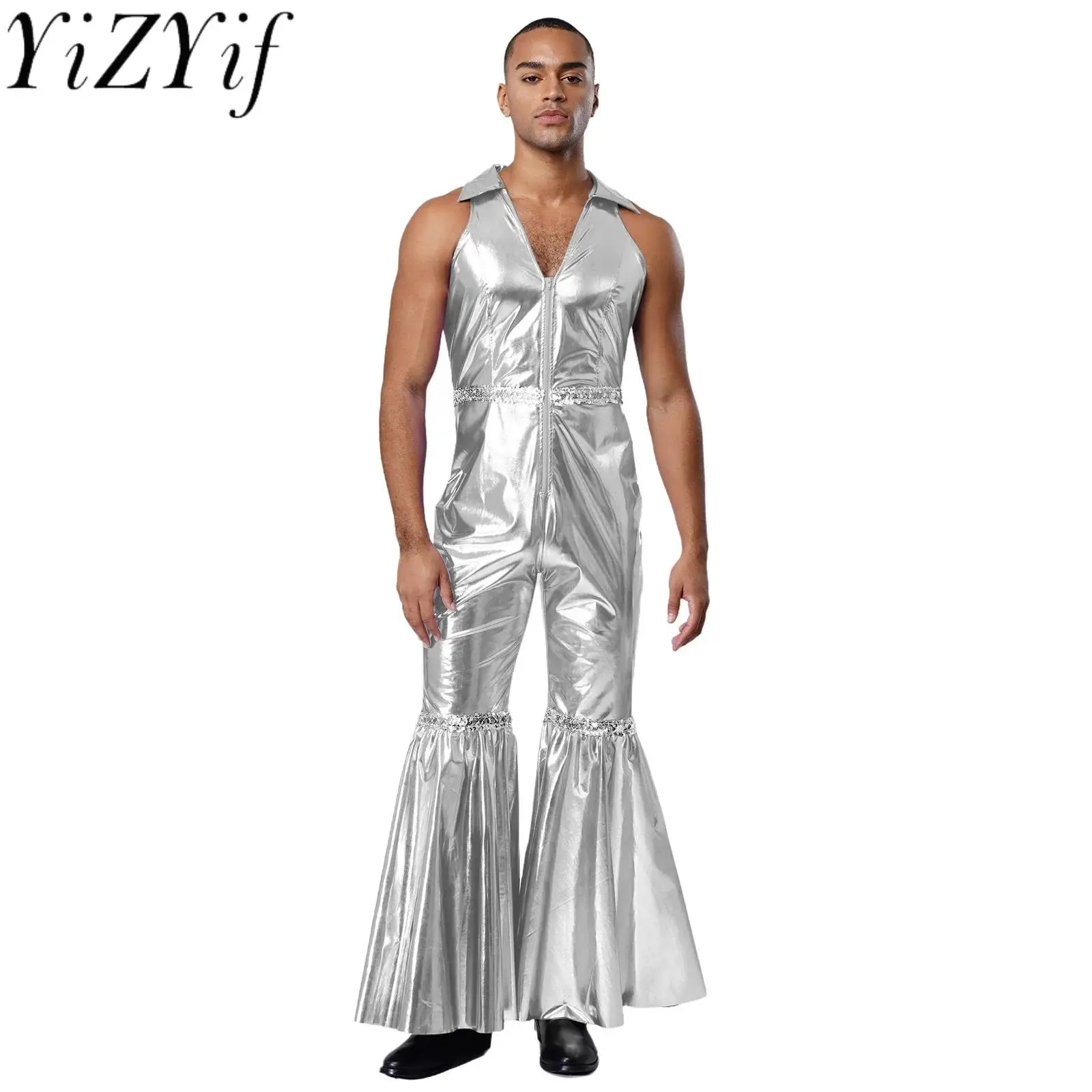 Männer Mode Shiny 70er Jahre Disco Walzer Ballroom Dance Strampler Holographische Overall für Retro Party Jazz Dance Performance Uniformen