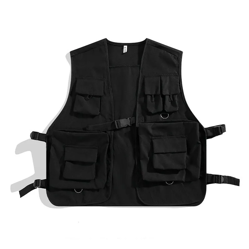 Japanese Summer Men's 2024 New Patchwork V-neck Pocket Fashion Solid Color Minimalist Casual All-match Sleeveless Vest Jacket