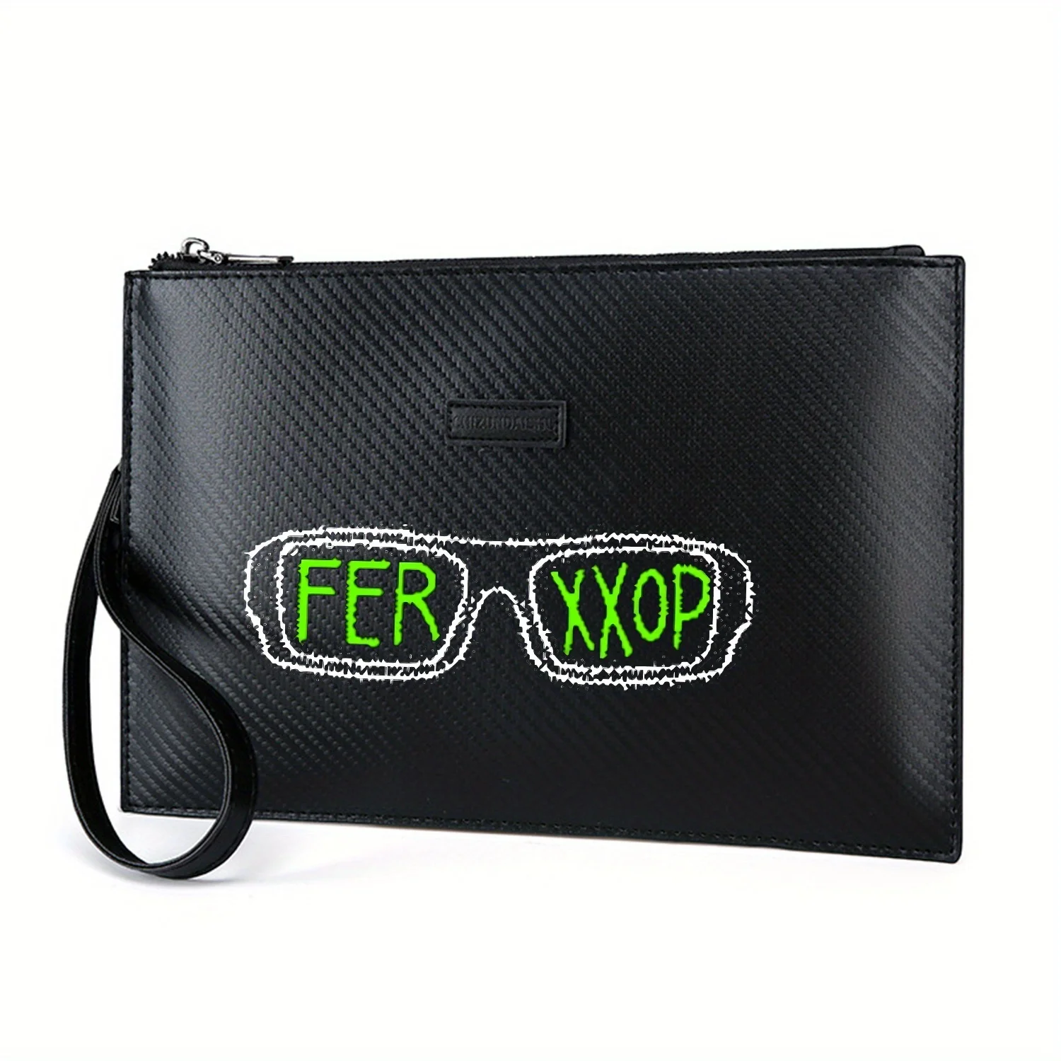 Green letters sunglasses black background Elegant Printed PU Men's Handbag Fashionable and Practical for Everyday Carry