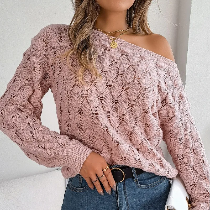 Autumn and Winter Women\'s Pullover One Line Neck Feather Hollow Off Shoulder Lantern Sleeve Sweater Fashion Long Sleeve Tops