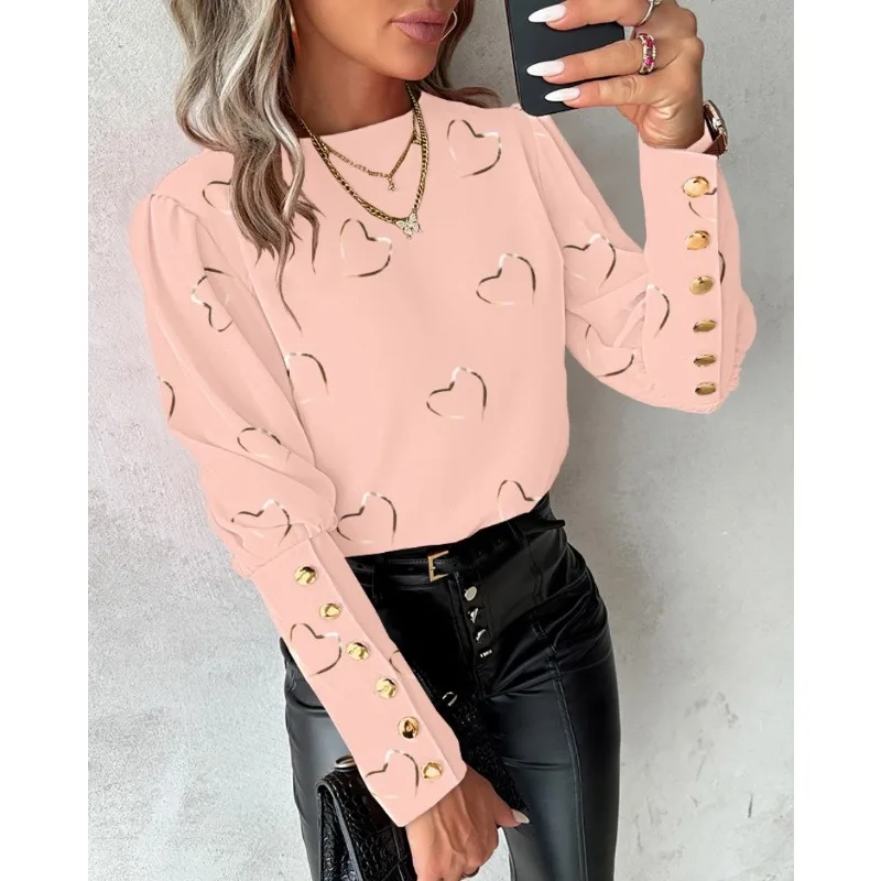 Autumn Women\'s Commuter T-shirt Fashion Solid Color Heart Print T-shirt Long Sleeved Round Neck Decorative Button T-shirt