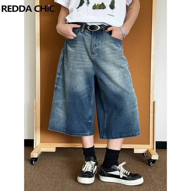 REDDACHIC Men Gradient Whiskers Baggy Jeans Jorts Vintage Wash Frayed Oversize Straight Denim Short Pants Casual Summer Clothes