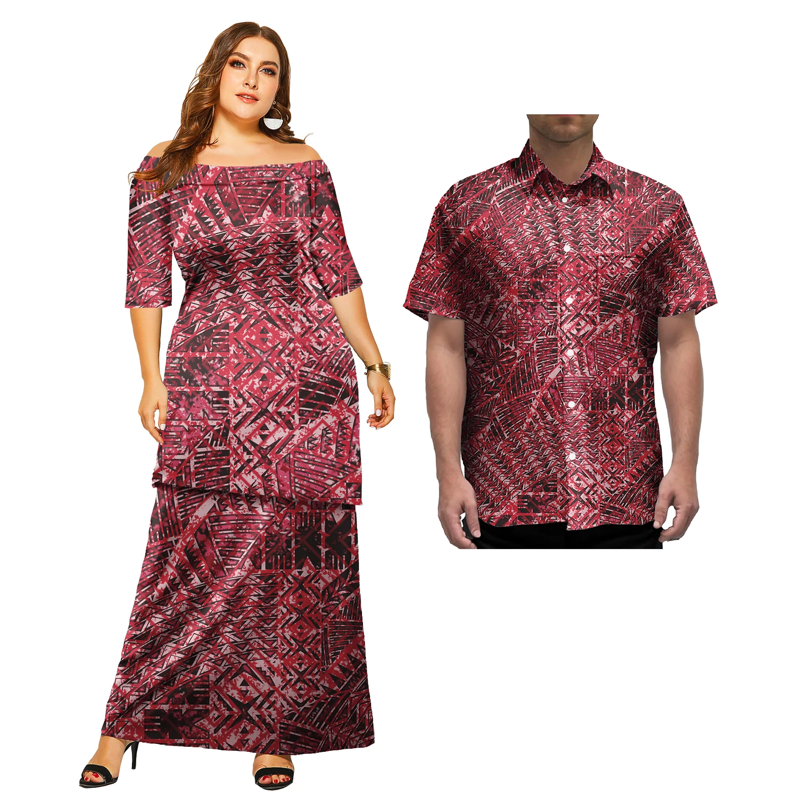 Polynesian puletasi Ladies Short Sleeve Off Shoulder Dress Knee Length Dress Men Short Sleeve T-shirt Buttons Top 2 piece