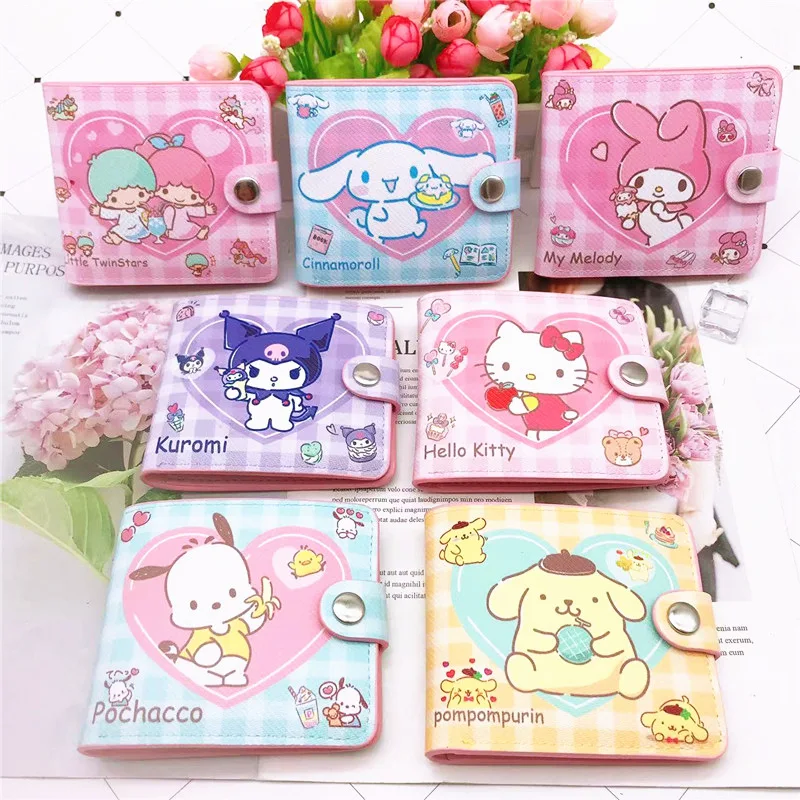 Cute Sanrio Kuromi Cinnamoroll PU Wallet Coin Purse Cartoon Anime My Melody Pompom Purin Keyring Card Bag Mini Purse Handbag