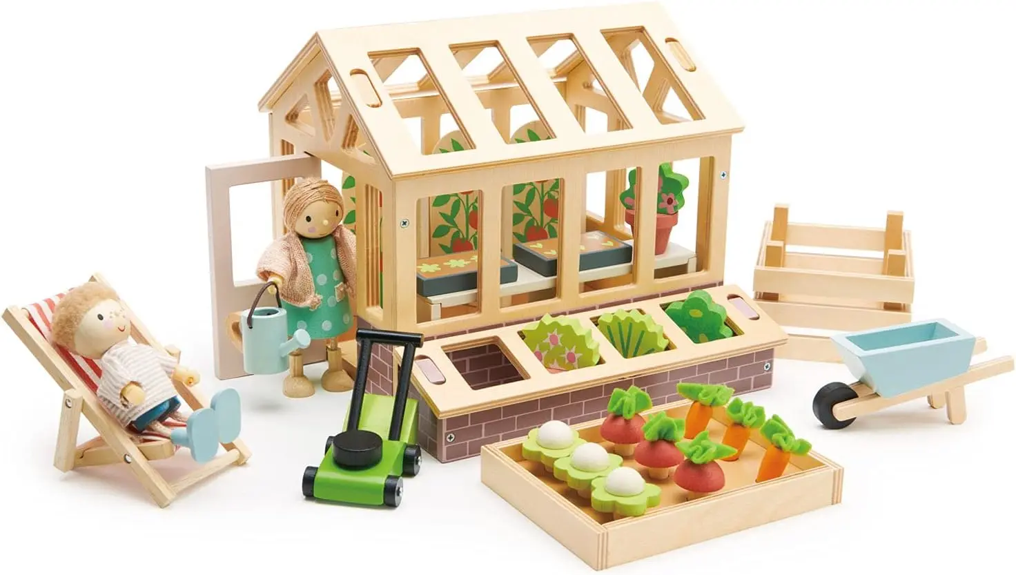 Tender Leaf Toys - Greenhouse Garden Set - 28 Pcs Natural Gardening Miniature Pretend Play Set, Wooden Harvest Farm Toys -