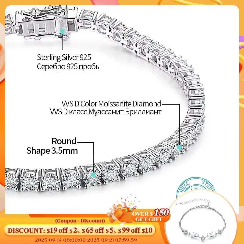 

ATTAGEMS 4.0mm 5.0mm DVVS1 Pass Diamond Test Round Cut Moissanite Tennis Bracelet White Gold Plated 925 Silver Jewelry for Women