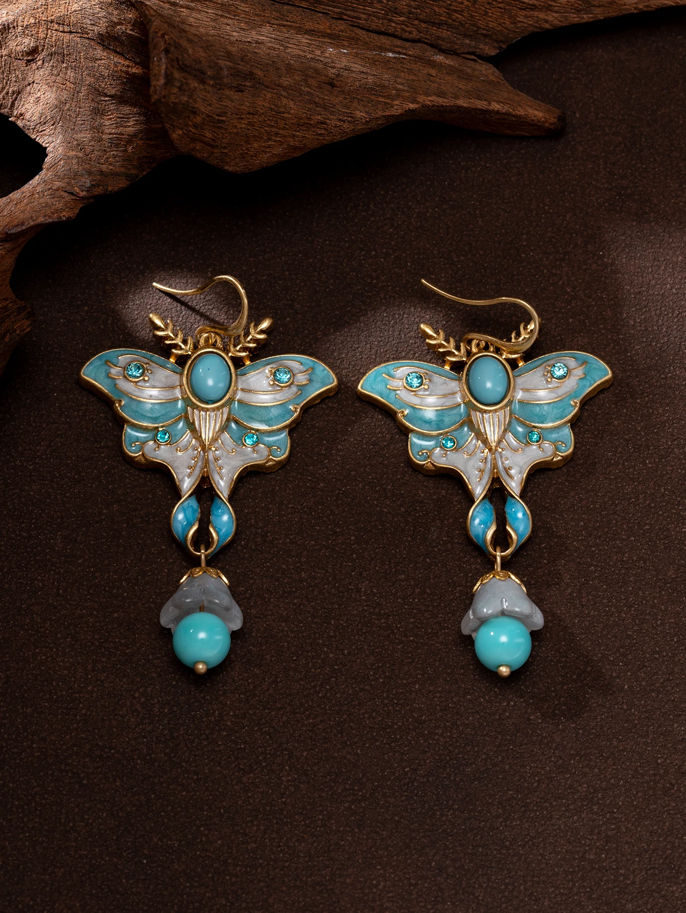 New Chinese-style light blue butterfly turquoise earrings, vintage carved light luxury niche long earrings