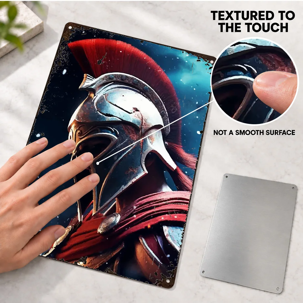 Spartan Helmet Printed Poster Customized Aluminum Metal Sign Red Crest Silver Armor Wall Art For Reading Nook Fantasy Fan Gift