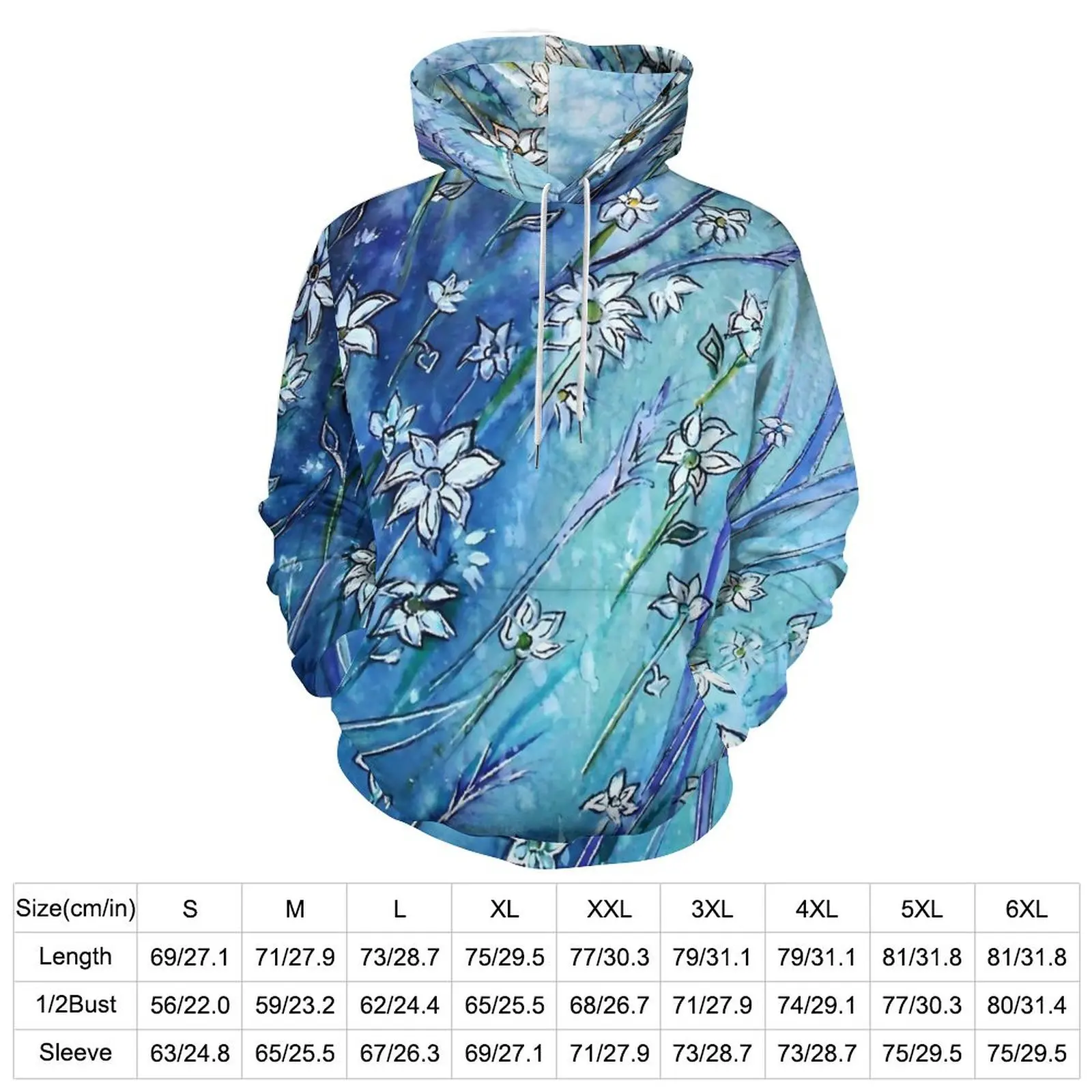 Retro Blue Fower Hoodies Long Sleeve Dainty Daisies Casual Pullover Hoodie Spring Classic Oversized Loose Hooded Sweatshirts