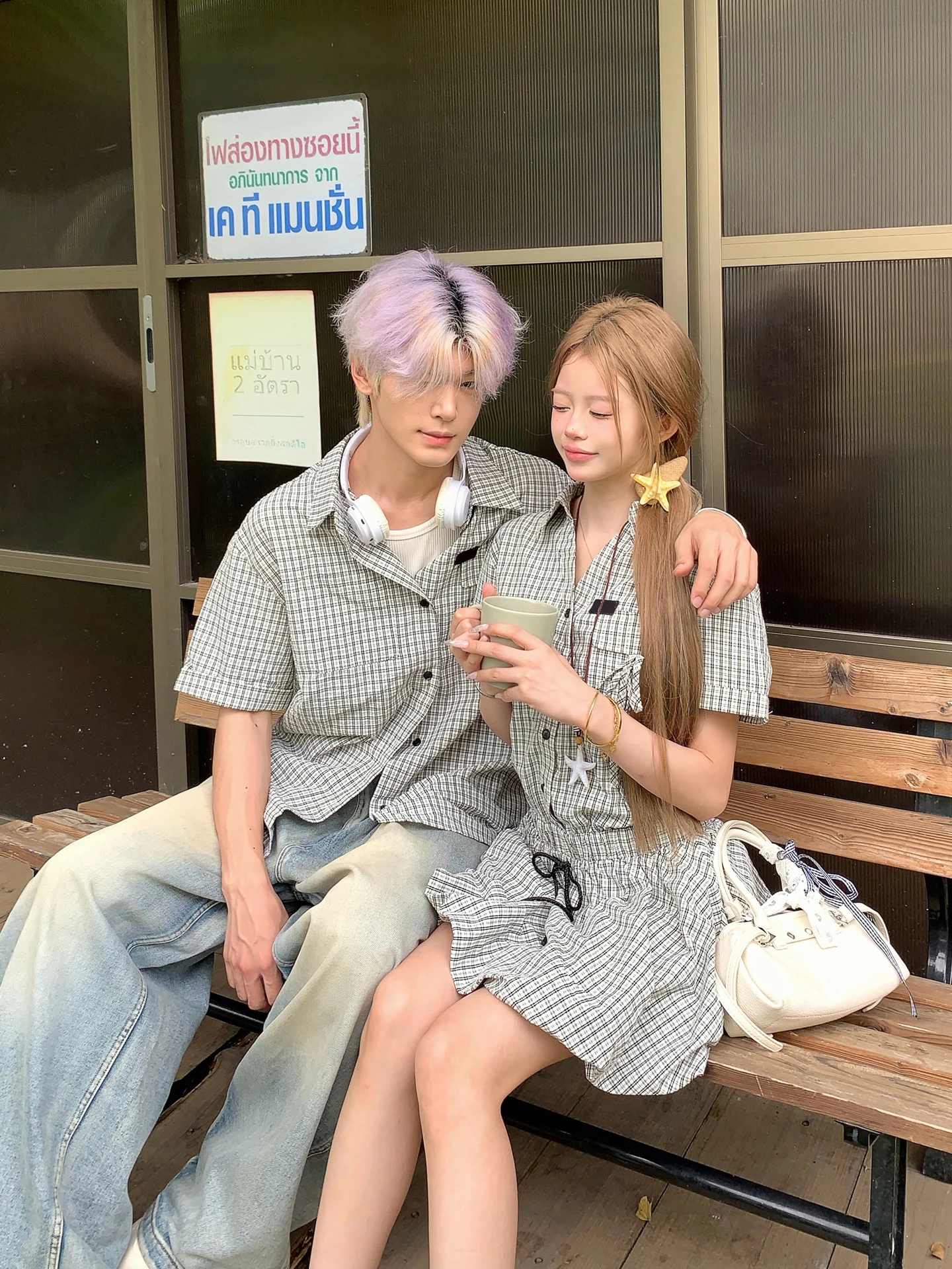 American Retro Plaid Shirt Couple's Outfit Summer Design Flower Bud Short Skirt Waist Cinching Slimming Dress One Shirt One S...