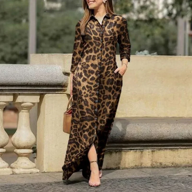 

Muslim Women's Holiday Bohemian Casual Polo Long Sleeve Robe Flower Printed Long Vestido Button Shirt Long Islamic Turkish Abaya