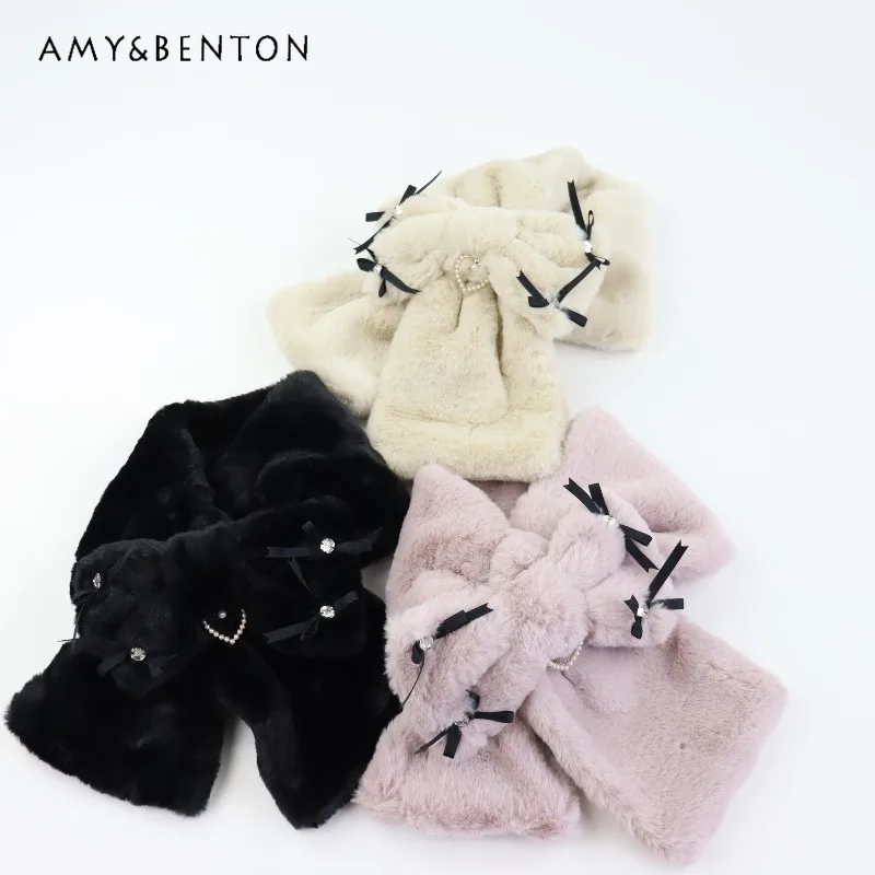 

Японский милый плюшевый шарф с бантом для женщин, зимний теплый шарф из искусственного кроличьего меха, милый шарф с крестом на шею, студенческие универсальные мягкие шарфы