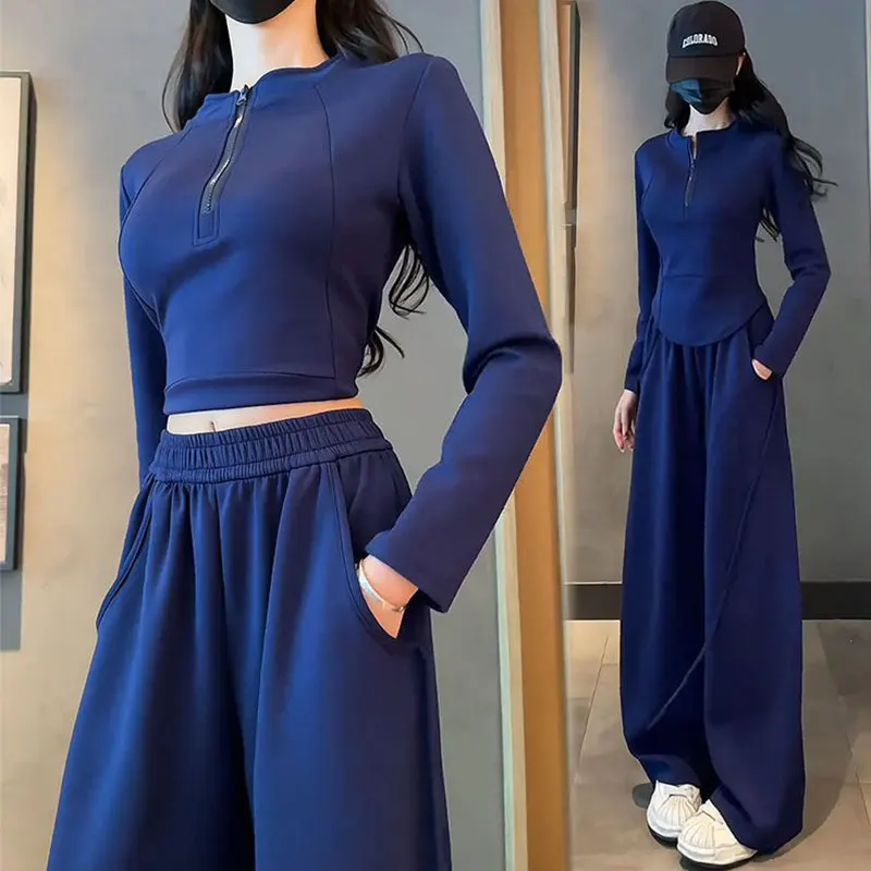 

Faionable Spor комплект из двух предметов, женские весенне-осенние широкие брюки, толстовка на молнии с высокой талией, прямой крой, полиэфирное волокно