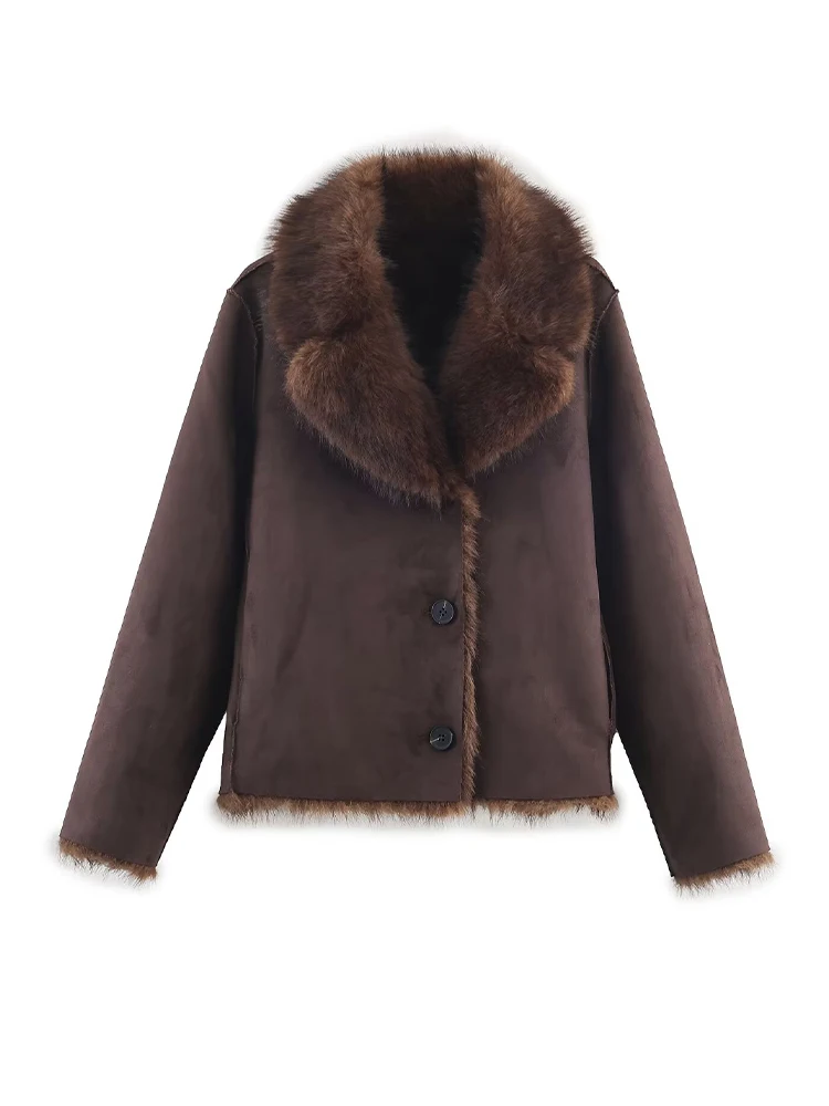 HH Women Reversible Faux Fur Effect Jacket Lapel Single Breasted Pocket Long Sleeves Warm Outwear Female Chic Casual Street Coat