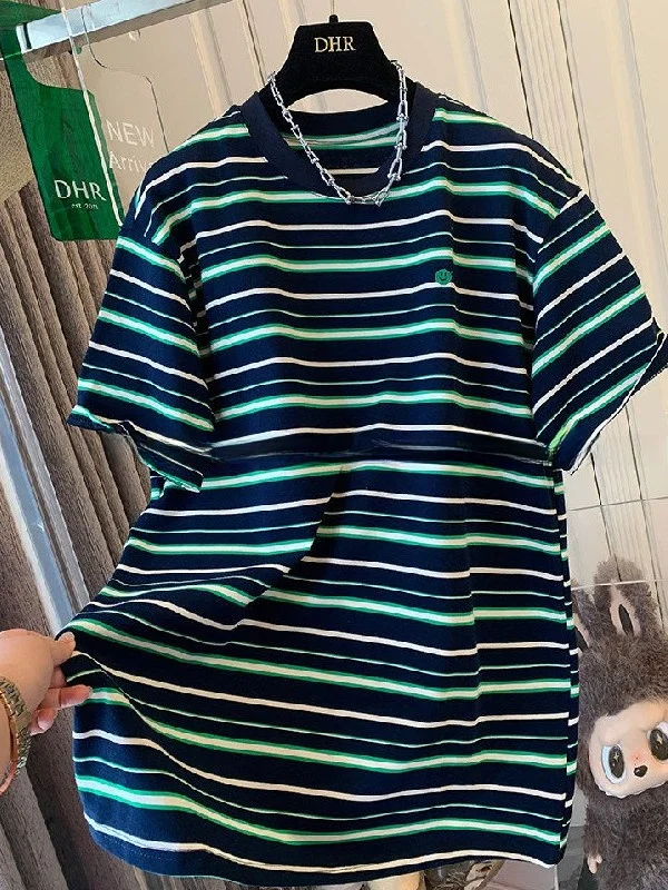

plus Size Women's T-Shirt American Style Stripe Short Sleeve Loose Fit Summer Inner Wear Base Shirt Half Sleeve Top