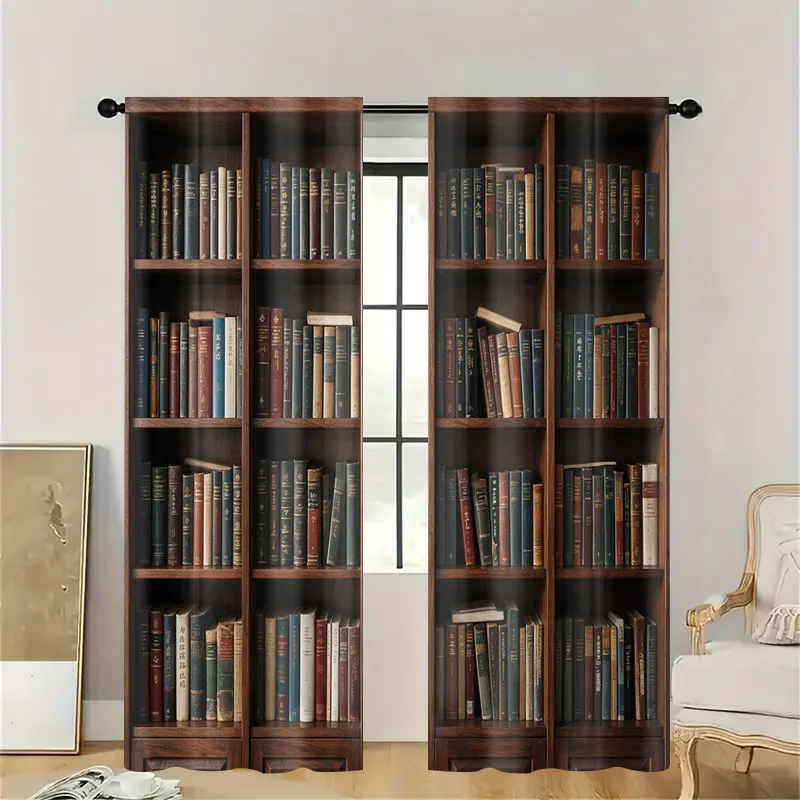 Rustic Bookshelf Window Curtain Panel Library Decor Cottage Style Book Nook Room Treatment Light Filter Decorative Academia Home