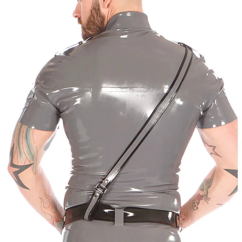 Gray And Black Sexy Latex Military Unifrom Jacket With Buttons At Front Pockets Trims Turn Down Collar Rubber Coat YF-0197