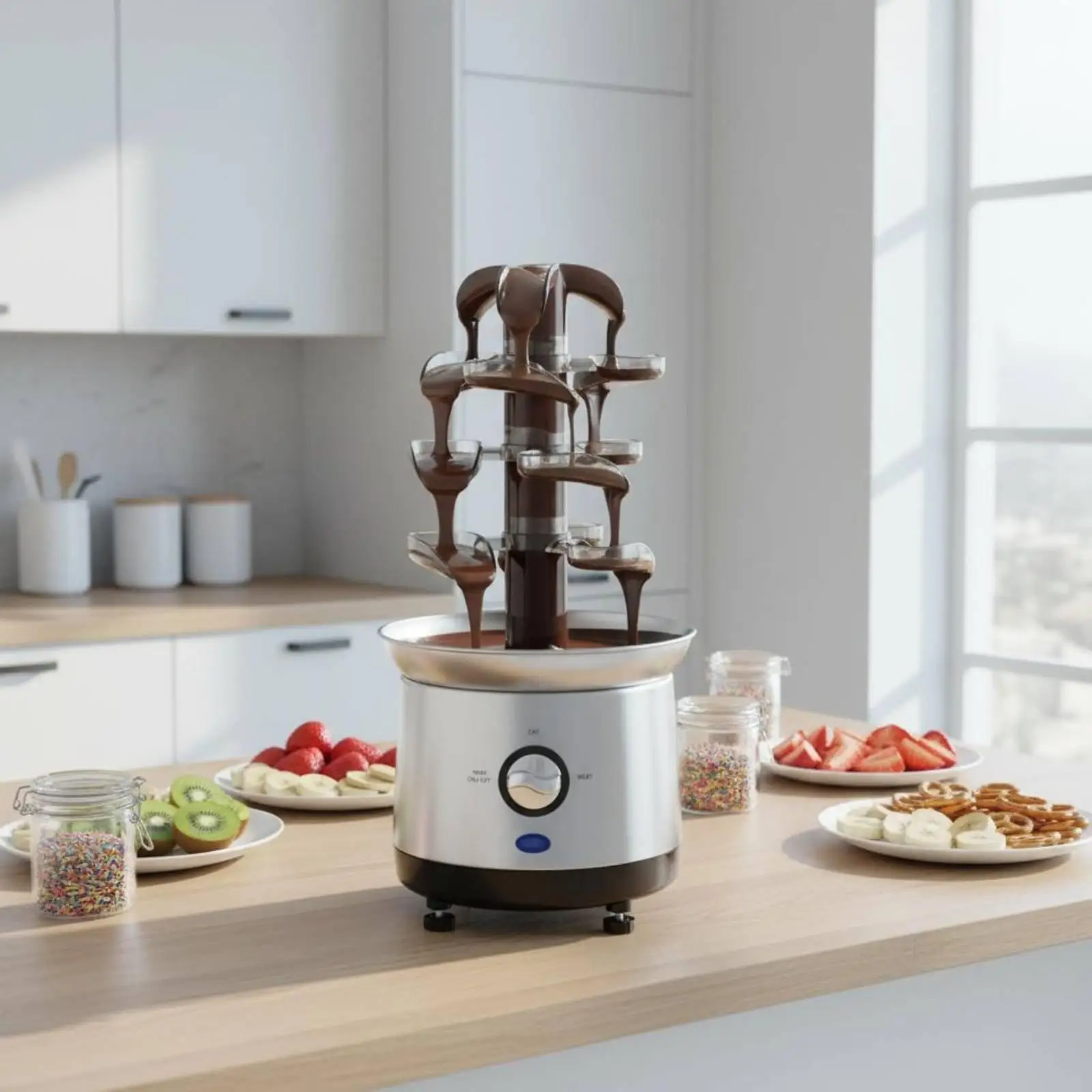 Electric Chocolate Waterfall Fountain Stainless Steel Fondue Pot with Separate Heating Control for Fruit and Sweets
