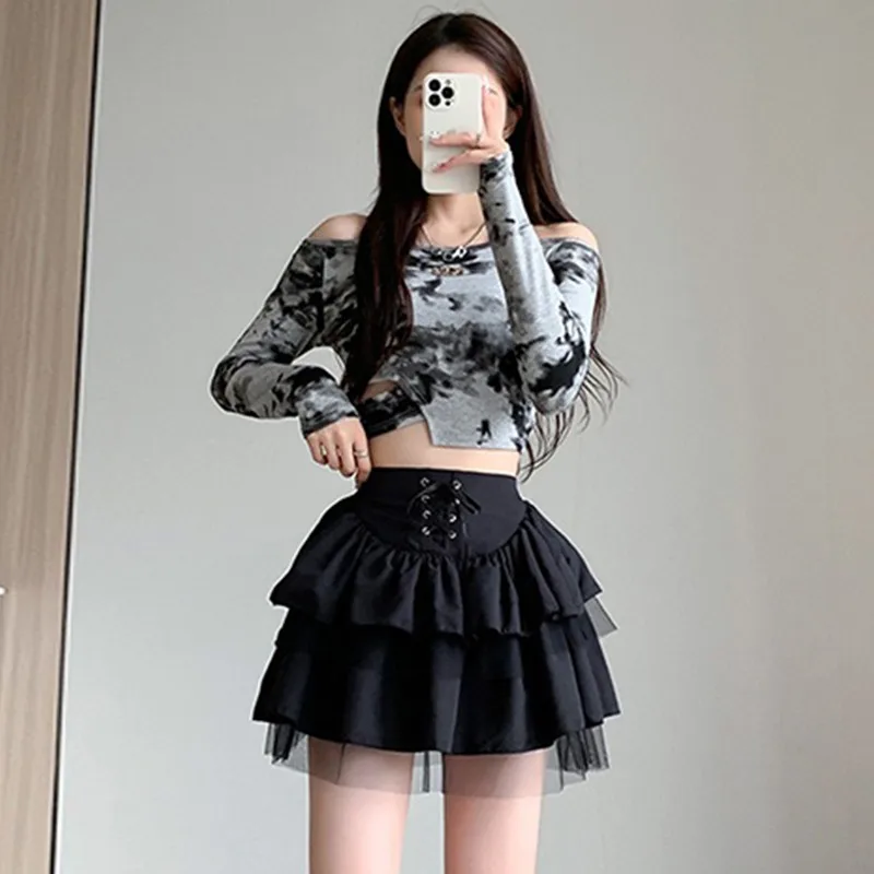 Streetwear Y2k Ruffles Mini Skirts Women Sweet High Waist Lace A Line Skirt Summer Korean Fashion Black Skirts