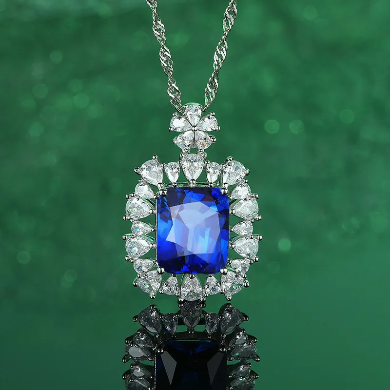 

PT950 Platinum Artificially Cultivated Gemstone Fashion Charm Ruby Emerald Sapphire Pendant Set with Full Diamond Necklace
