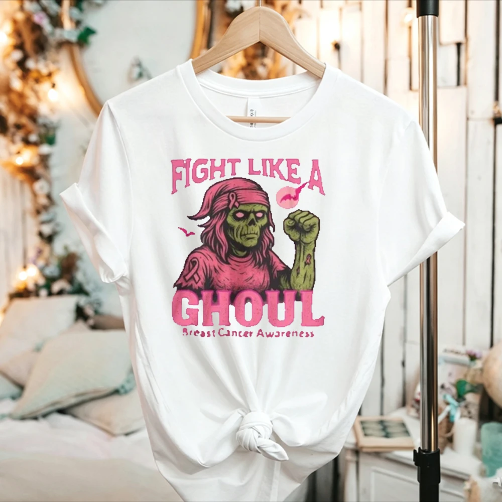 Fight Like A Ghoul T-Shirt Breast Cancer Awareness Pink Ribbon Halloween Zombie Graphic Tshirts Casual Style Tops Tee Shirt