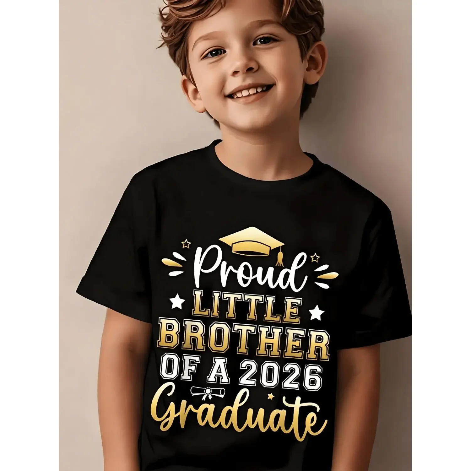 Proud Little Brother of a 2026 Graduate T-Shirt - Fun Black Tee with Graduation Cap Design, Colorful Text and Star Accents - Cheerful Celebration Shirt for Siblings, Perfect Gift for Graduation Season!
