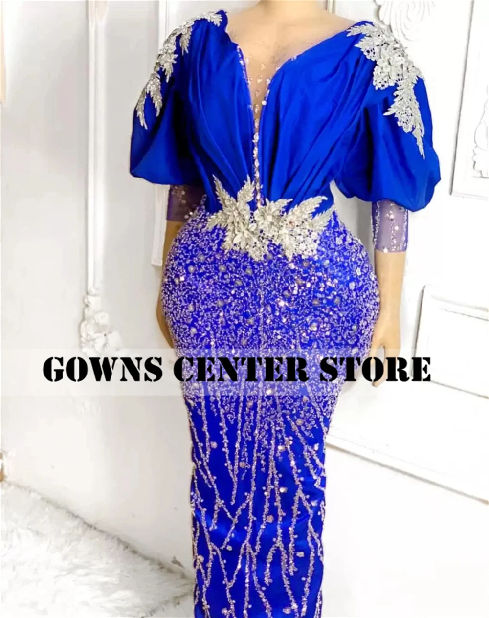 Royal Blue Aso Ebi suknia wieczorowa Puff rękawy trzy czwarte luksusowa afrykańska z koralikami aplikacje sukienki wizytowe suknie na bal maturalny vestidos