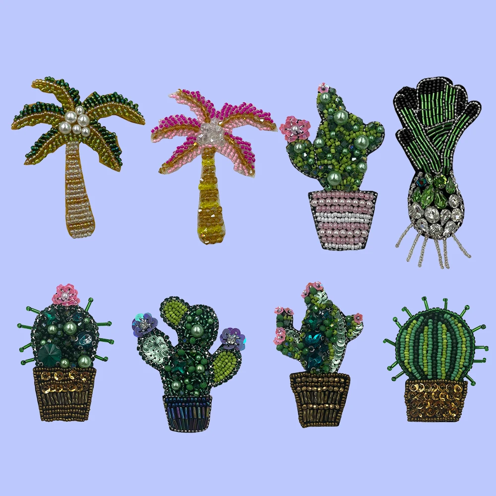 Handmade Cactus Plant,coconut tree, cabbage Bead Sequin Sew on Patches Applique Badge Craft for Clothes Trousers Bag Accessories