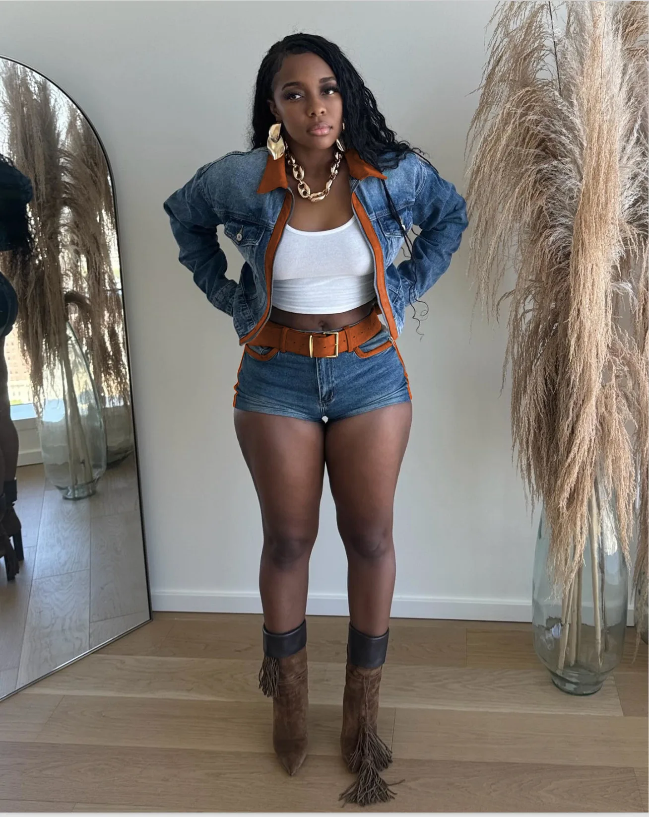 

Women Set Autumn Retro Contrasting Color Long-Sleeved Stretch Denim Jackets With Shorts Casual Two Piece Sets Women Denim Suit
